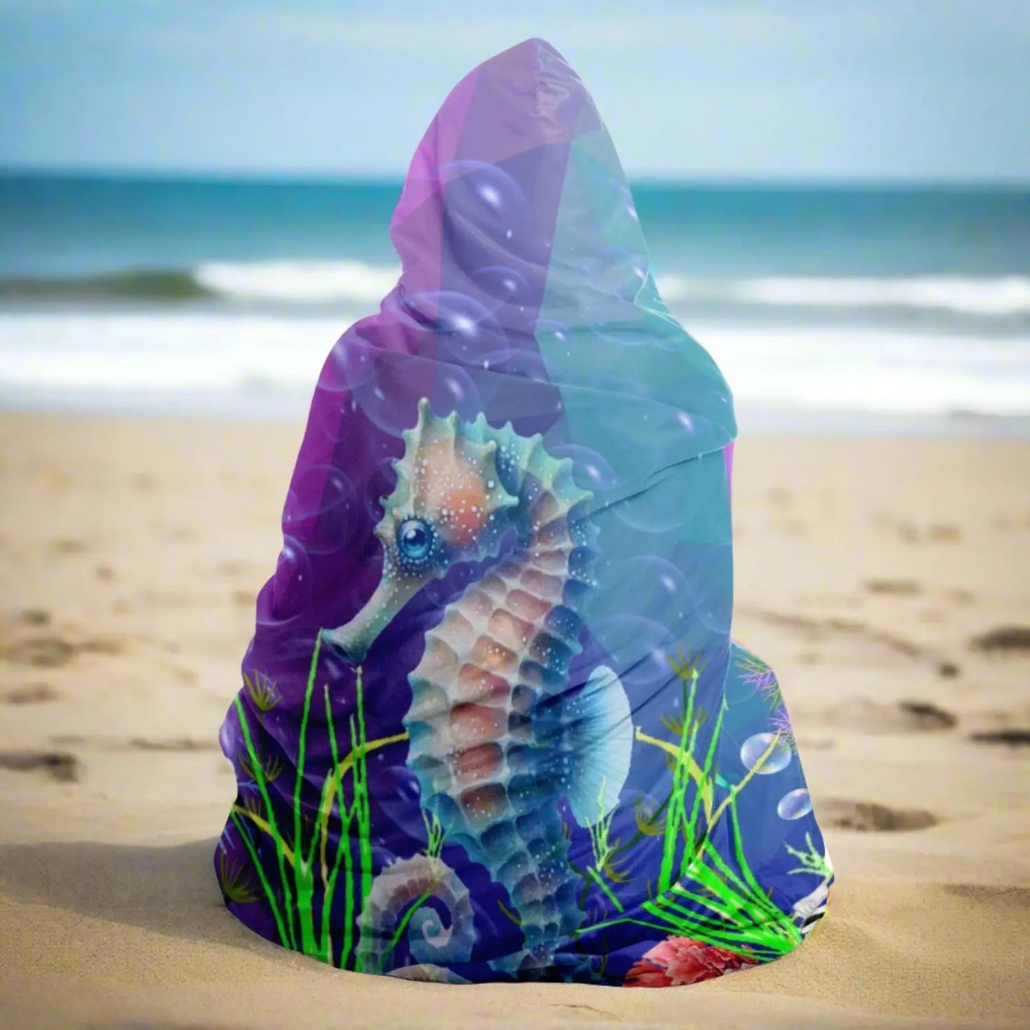 Hooded blanket Purple to aqua gradient with Sea horse and underwater plants