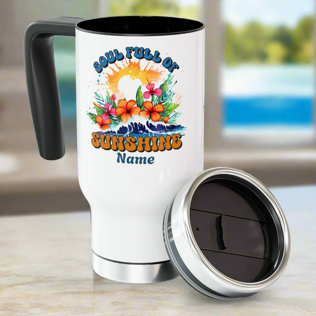 Personalized 14 oz. white stainless steel travel mug with handle designed with a beach sunset, ocean waves, hibiscus flowers, and “Soul Full of Sunshine” quote.