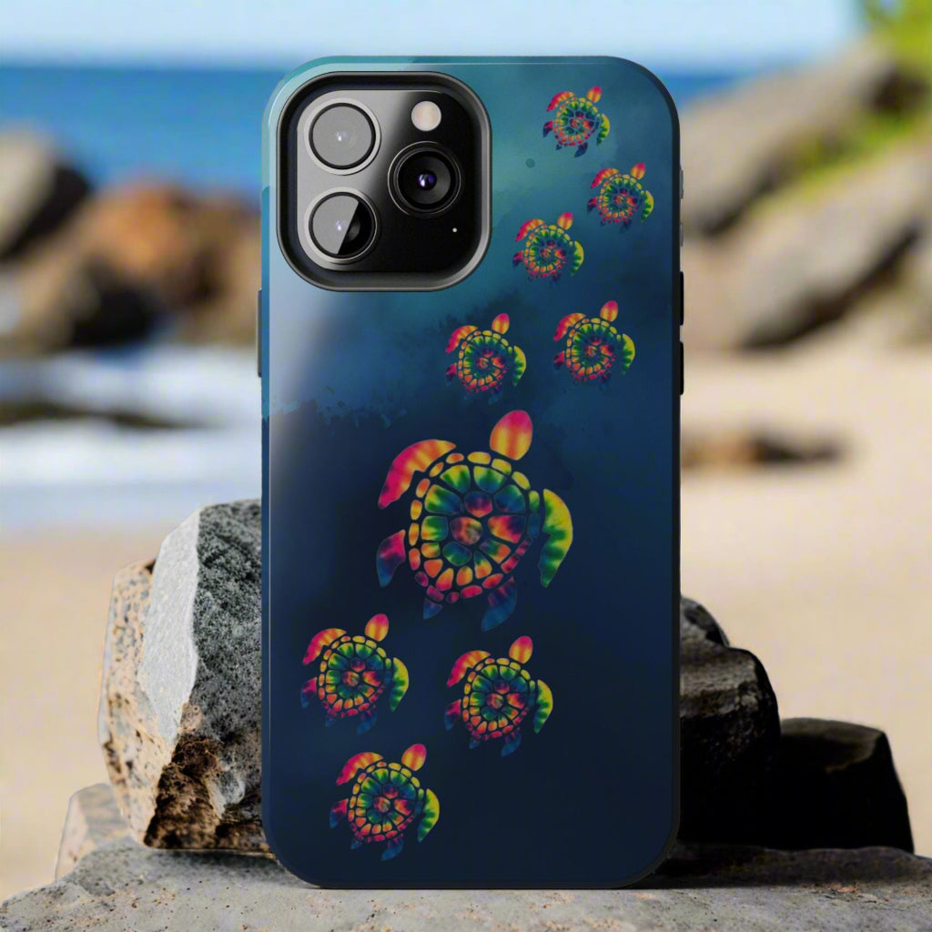 Phone case with colorful turtle design on a blue background