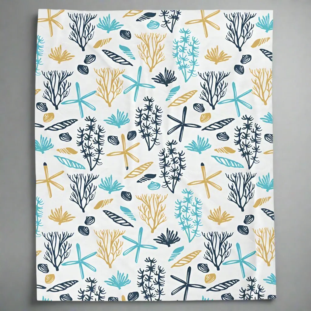 60x80 White velveteen blanket with seashells, underwater plants, starfish in blue and yellows