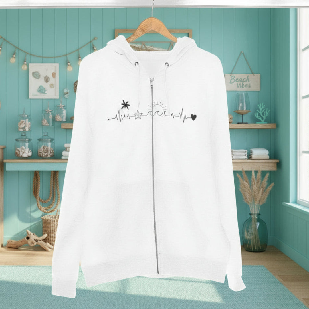 White hoodie with black text and graphics on a wooden hanger against a white background
