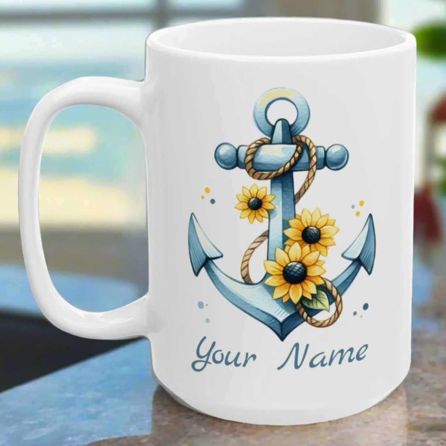 15 oz White mug with Anchor and Sunflowers with text Seas the Day