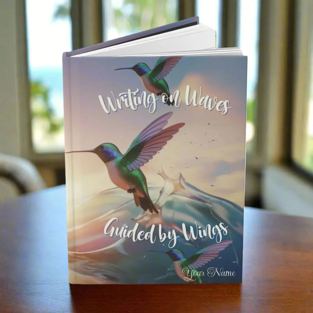 Our hardcover journal brings a touch of ocean magic with a beautifully designed ocean sunset scene with hummingbirds flying with the text Writing on Waves on front and back. Perfect for journaling, sketching, or organizing your thoughts, it’s both stylish