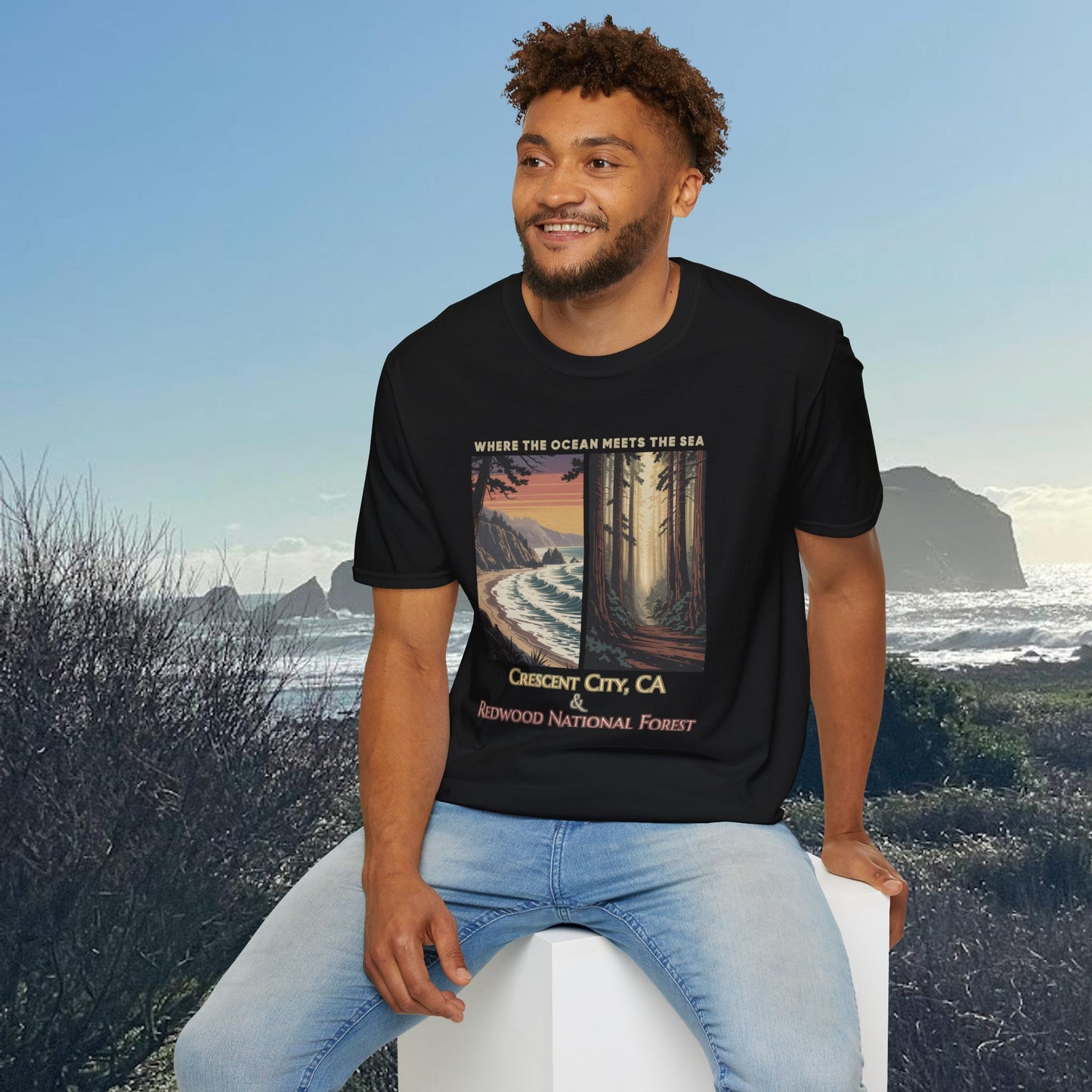 Unisex softstyle souvenir t-shirt with Crescent City & Redwood National Forest design in a California coastal theme.