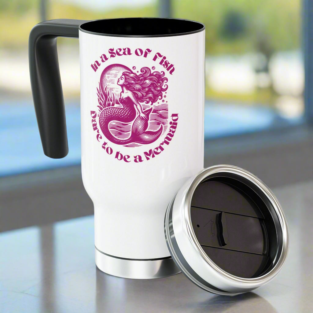 Mermaid-themed white 14 oz. stainless steel travel mug with ocean waves, sun, and “IN a Sea of Fish Dare to Be a Mermaid” quote.