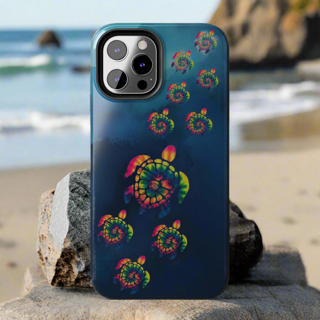 Phone case with colorful turtle design on a blue background