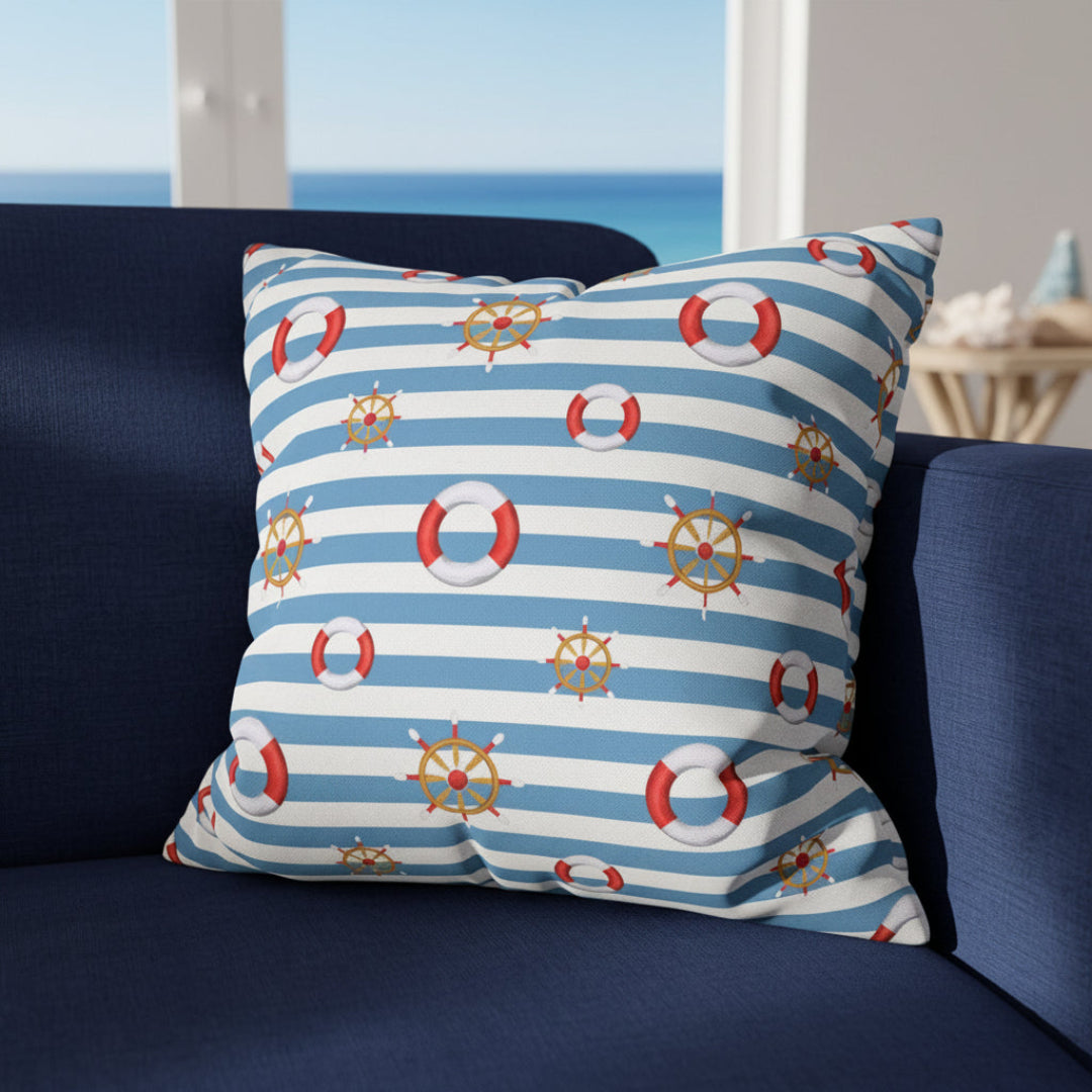 Decorative pillow with nautical pattern on a gray sofa