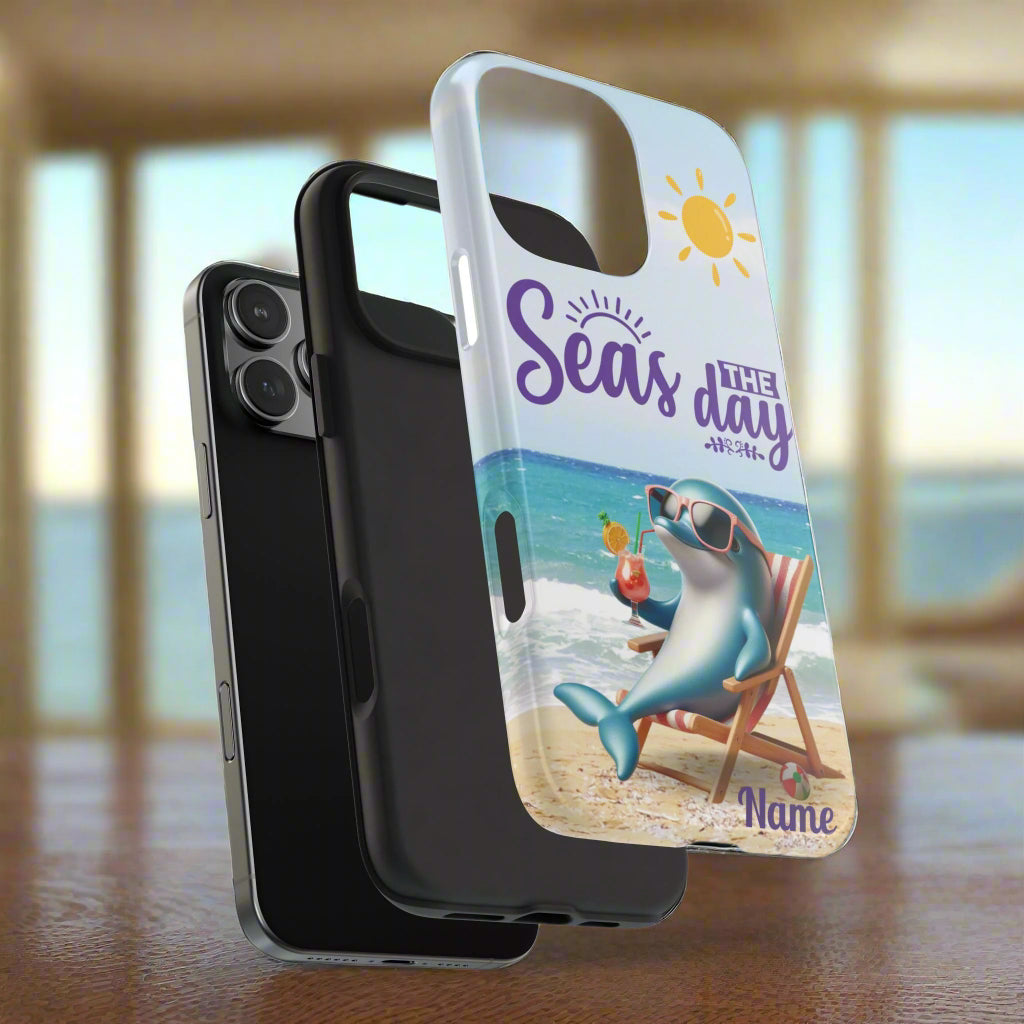 Showing 2 layers of our Seas the Day dolphin-themed phone case with personalized name, glossy finish, and beach-inspired design with a dolphin enjoying a cocktail during a sunny day on the beach with the phrase Seas the Day.