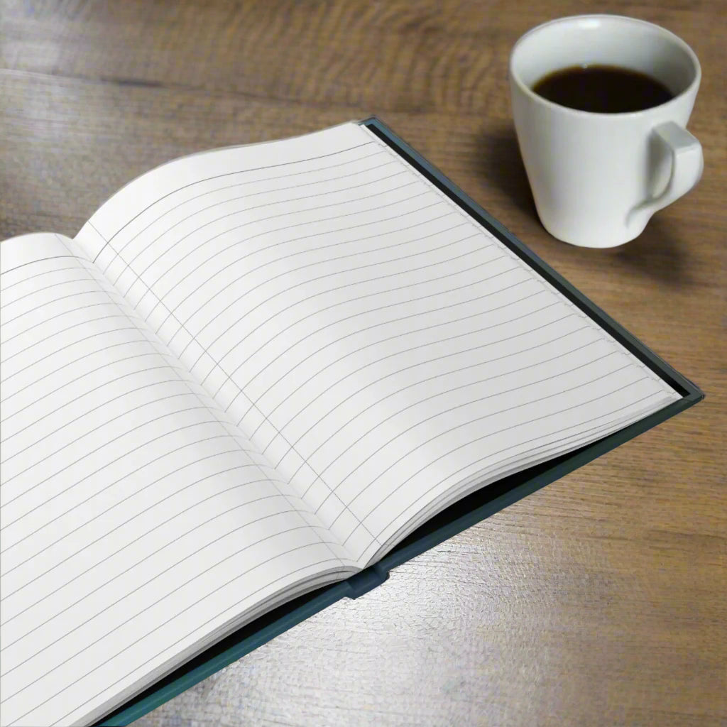 Open notebook with lined pages on a white background