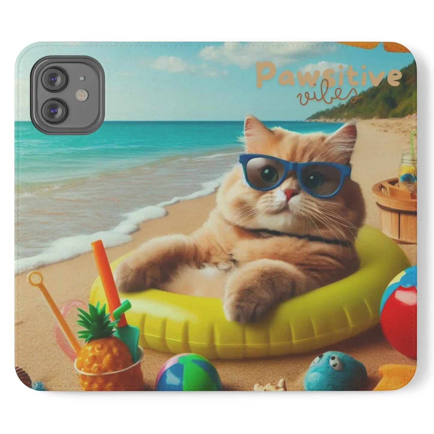 Opened phone case wallet with picture of cat lounging on beach with pool toys and drinks surrounding the cat with the text Pawitive Vibes.