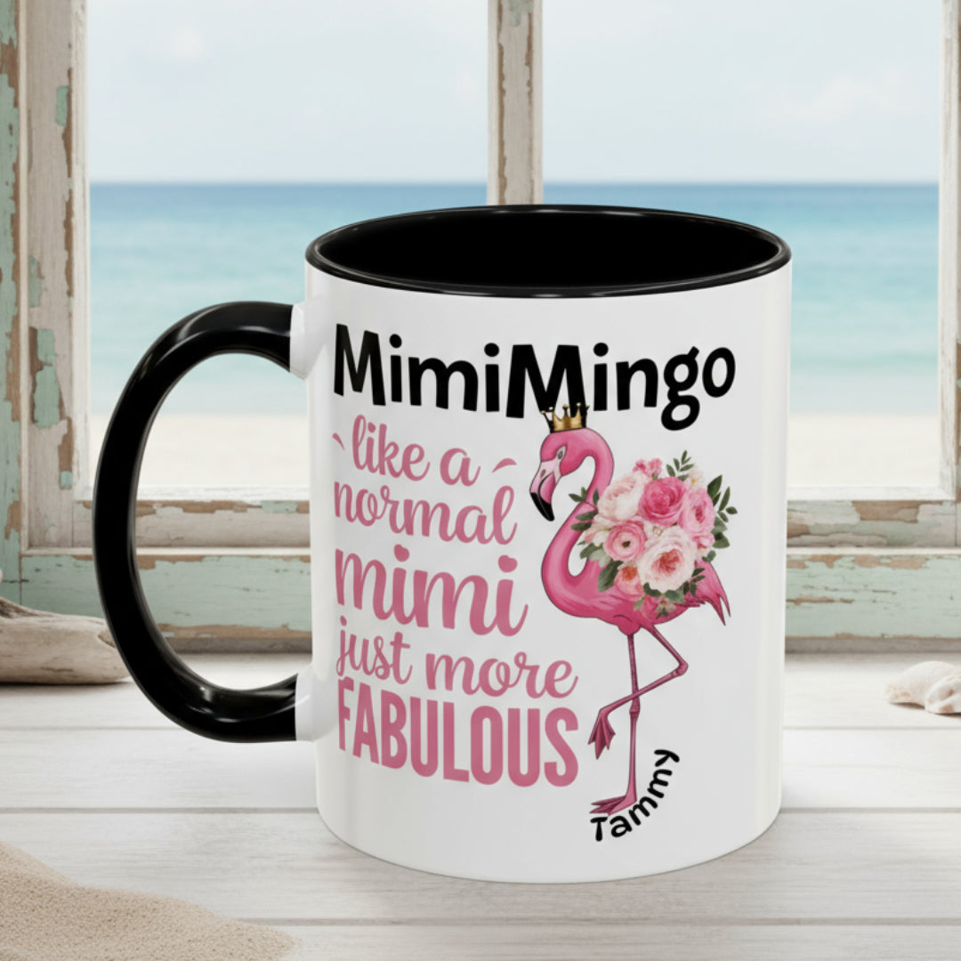 Mug with pink flamingo design and text on a white background