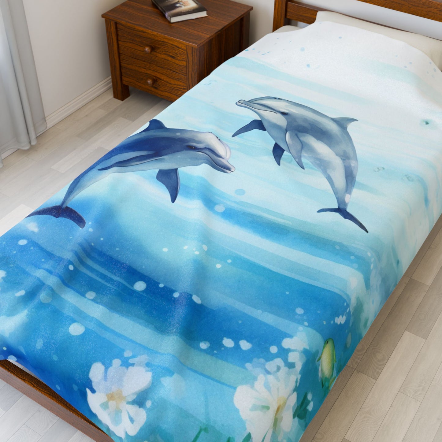 Tranquil Ocean Dolphin 60" x 80" blanket with watercolor dolphin design and coastal theme.