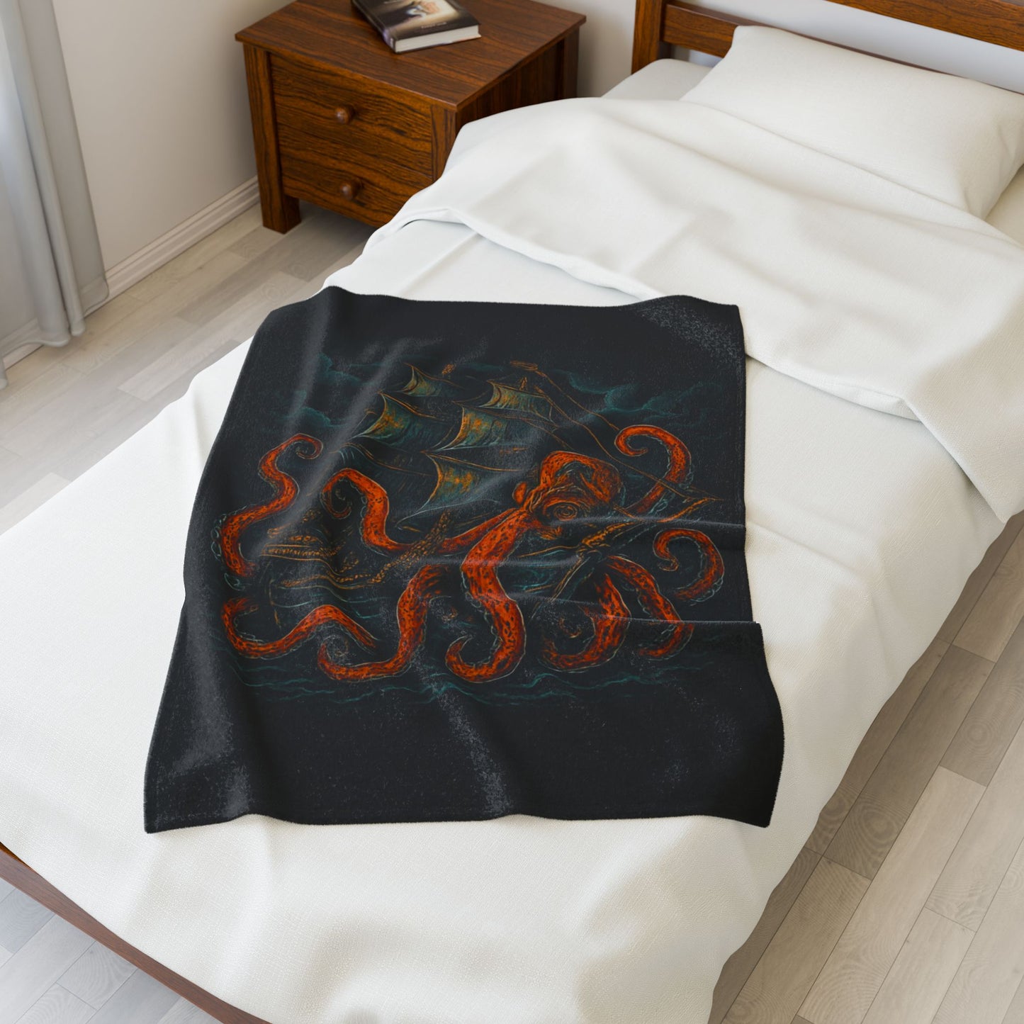 30" x 40" Black velveteen blanket with an octopus enveloping a pirate ship with stormy clouds in the background.