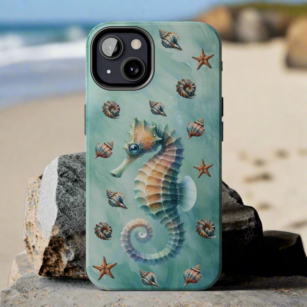 Phone case with seahorse design on a green background