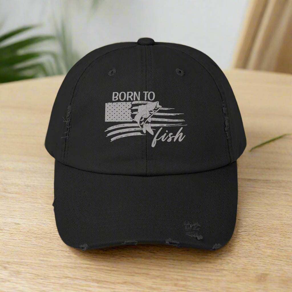 Born to Fish Unisex Distressed Cap - Perfect for Anglers and Outdoor Enthusiasts Hats Everythings Beachy