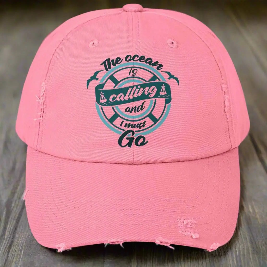 The Ocean is Calling and I Must Go Distressed Cap Hats True-Pink Everythings Beachy