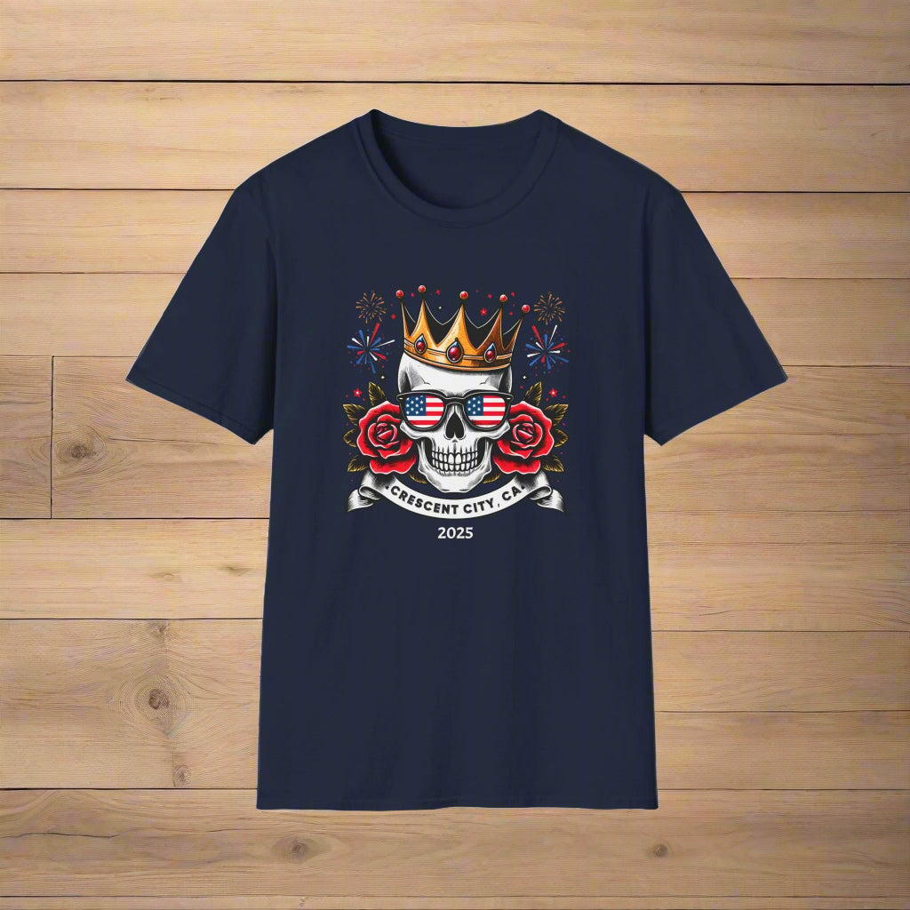 Navy T-shirt with a graphic of a skull, roses, crown, and Crescent City, CA text below.