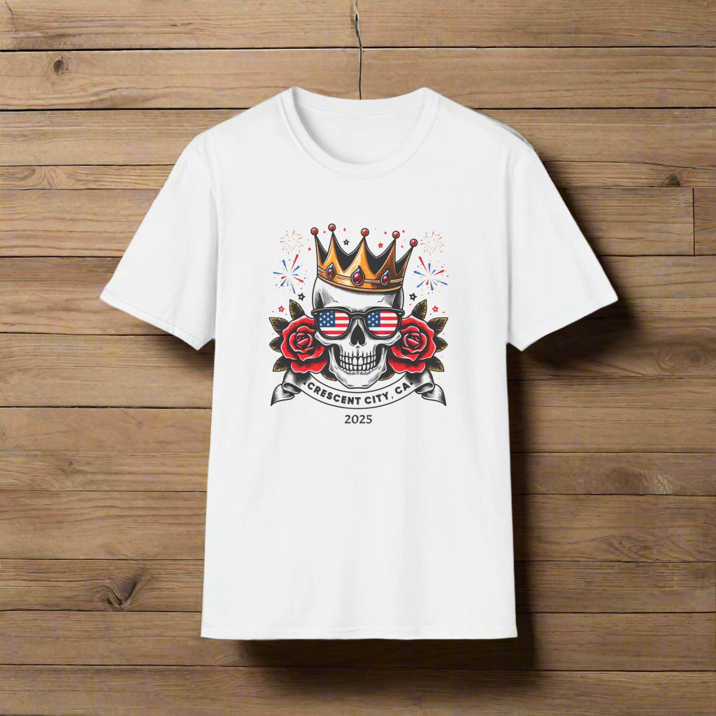 White T-shirt with a graphic of a skull, roses, crown, and Crescent City, CA text below.