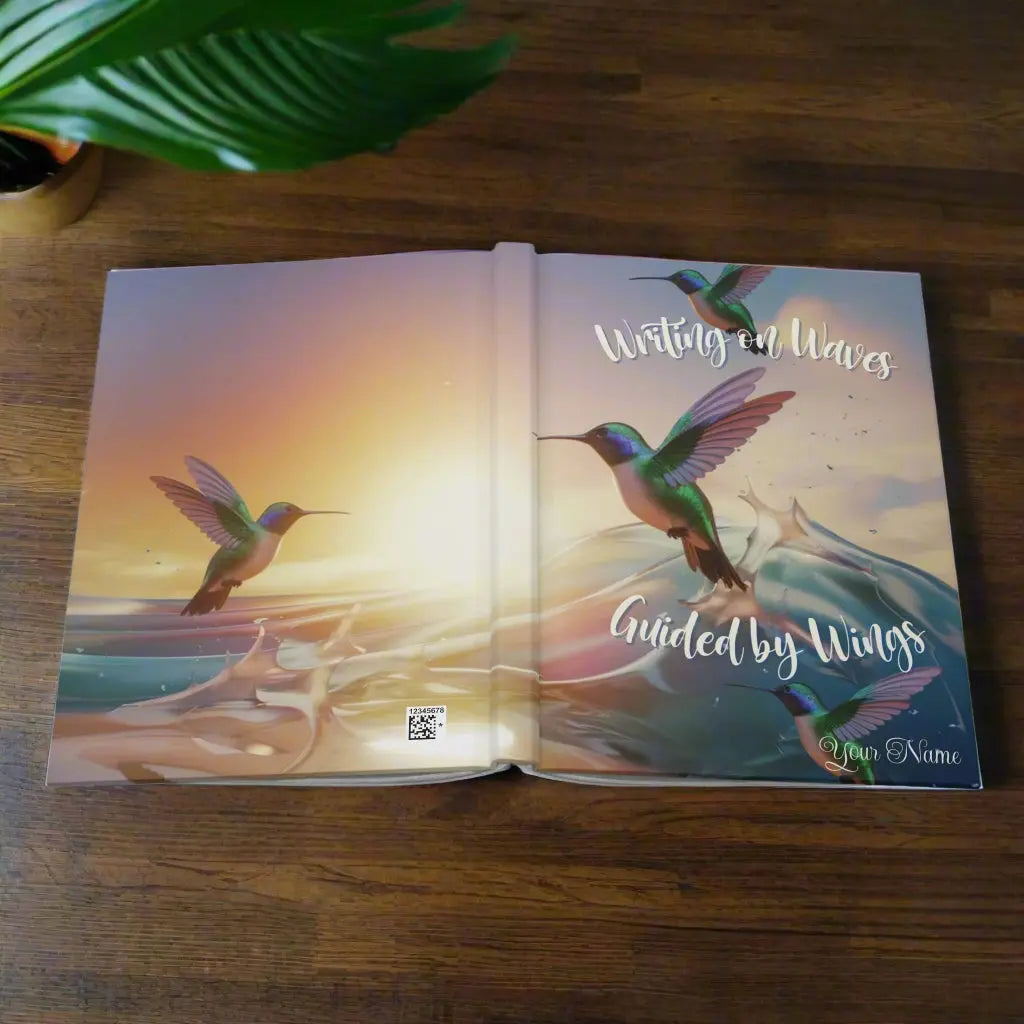Our hardcover journal brings a touch of ocean magic with a beautifully designed ocean sunset scene with hummingbirds flying with the text Writing on Waves on front and back opened flat lay. Perfect for journaling, sketching, or organizing your thoughts, i