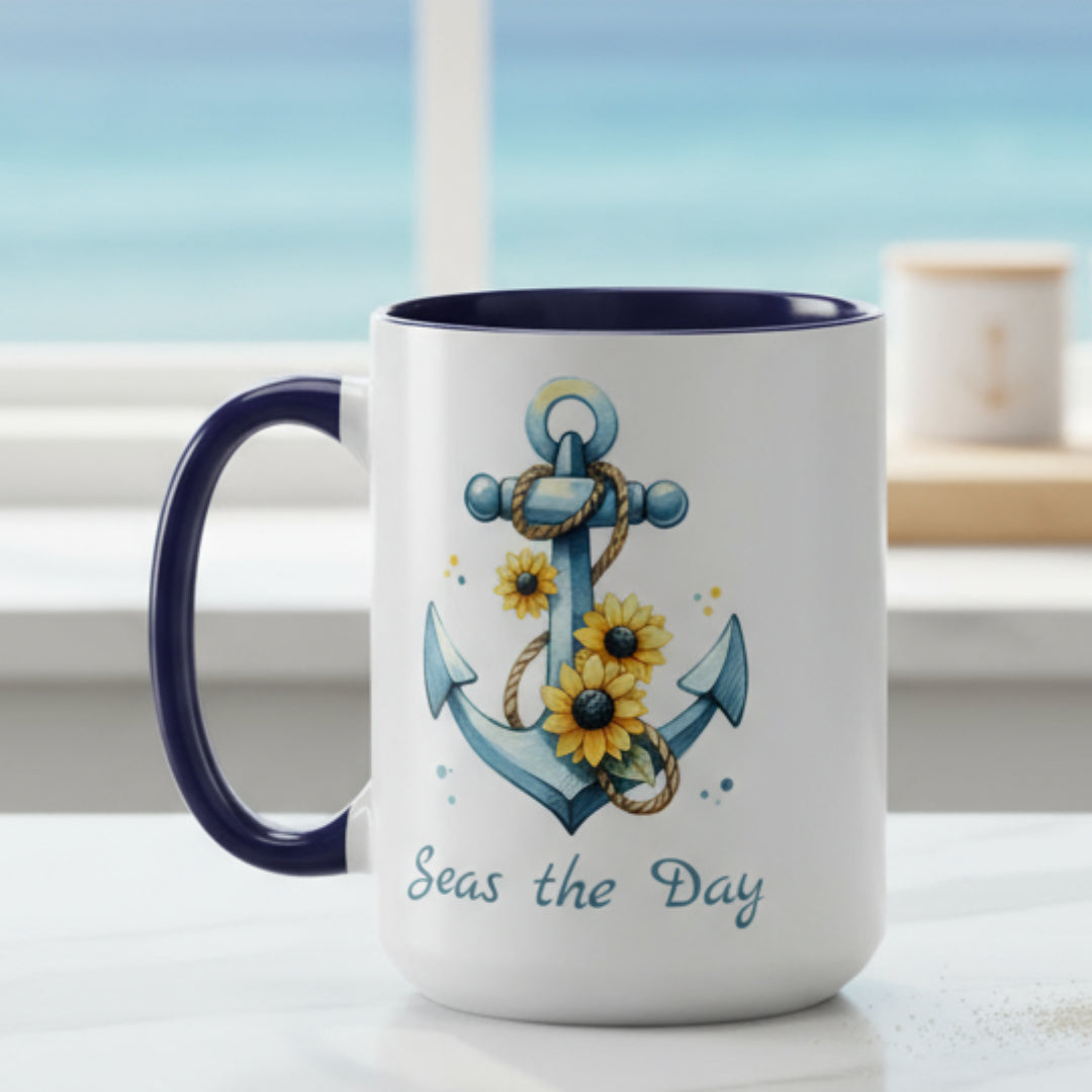 15 oz White mug with blue handle and interior with Anchor and Sunflowers with text Seas the Day