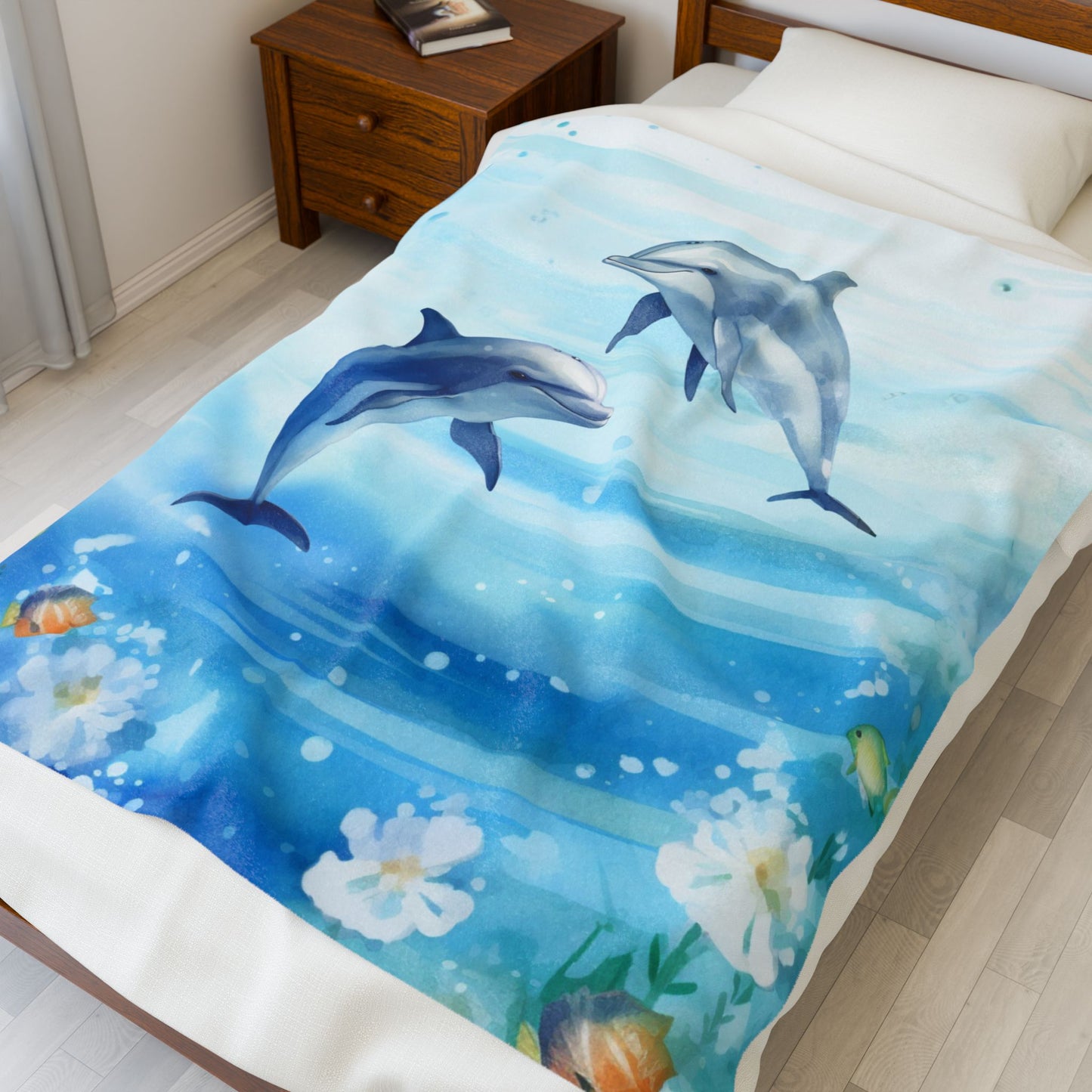 Tranquil Ocean Dolphin 50" x 60" blanket with watercolor dolphin design and coastal theme.