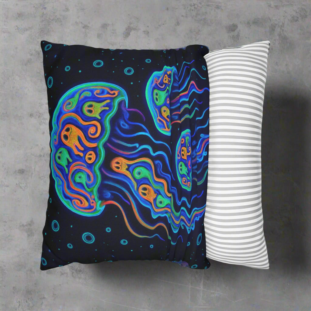 Colorful abstract pillow case showing the ease of removal.