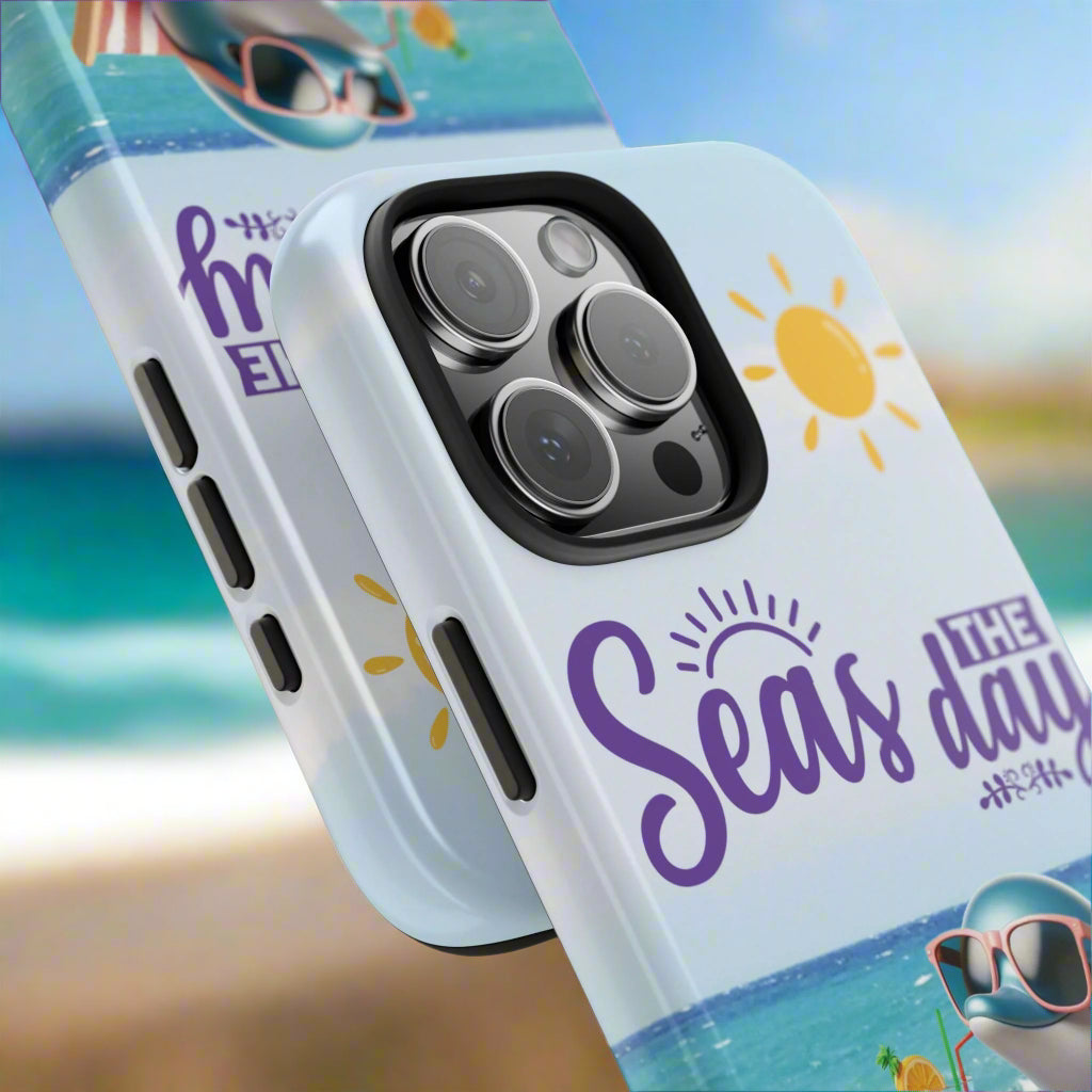Top and bottom view of our Seas the Day dolphin-themed phone case with personalized name, glossy finish, and beach-inspired design with a dolphin enjoying a cocktail during a sunny day on the beach with the phrase Seas the Day.