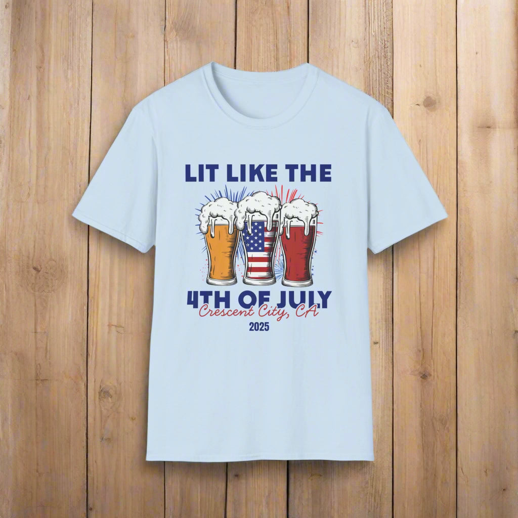 Light Blue t-shirt featuring three pint glasses—one filled with the American flag with slogan Lit Like the 4th of July Crescent City, CA 2025.