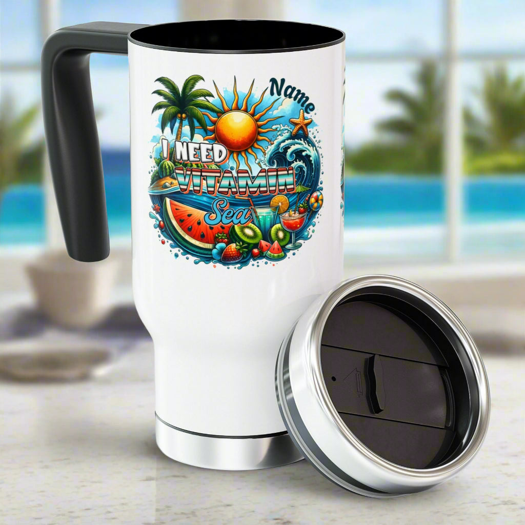 Personalized tropical stainless steel white travel mug with a vibrant design of ocean waves, palm trees, the sun, fruit, a cocktail, and “I Need Vitamin Sea” quote.