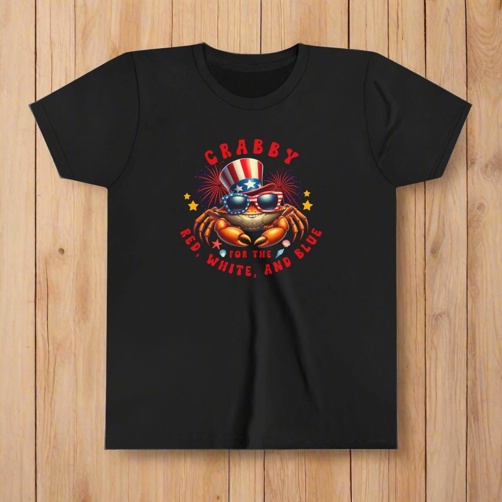 Black t-shirt with a crab wearing sunglasses and an American flag hat, text 'CRABBY FOR THE RED, WHITE, AND BLUE' on a white background.
