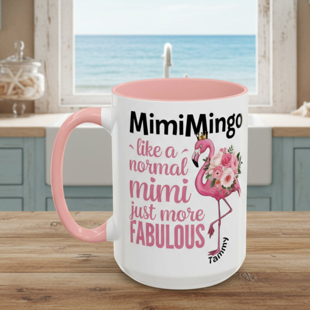 Mug with pink flamingo design and text on a white background