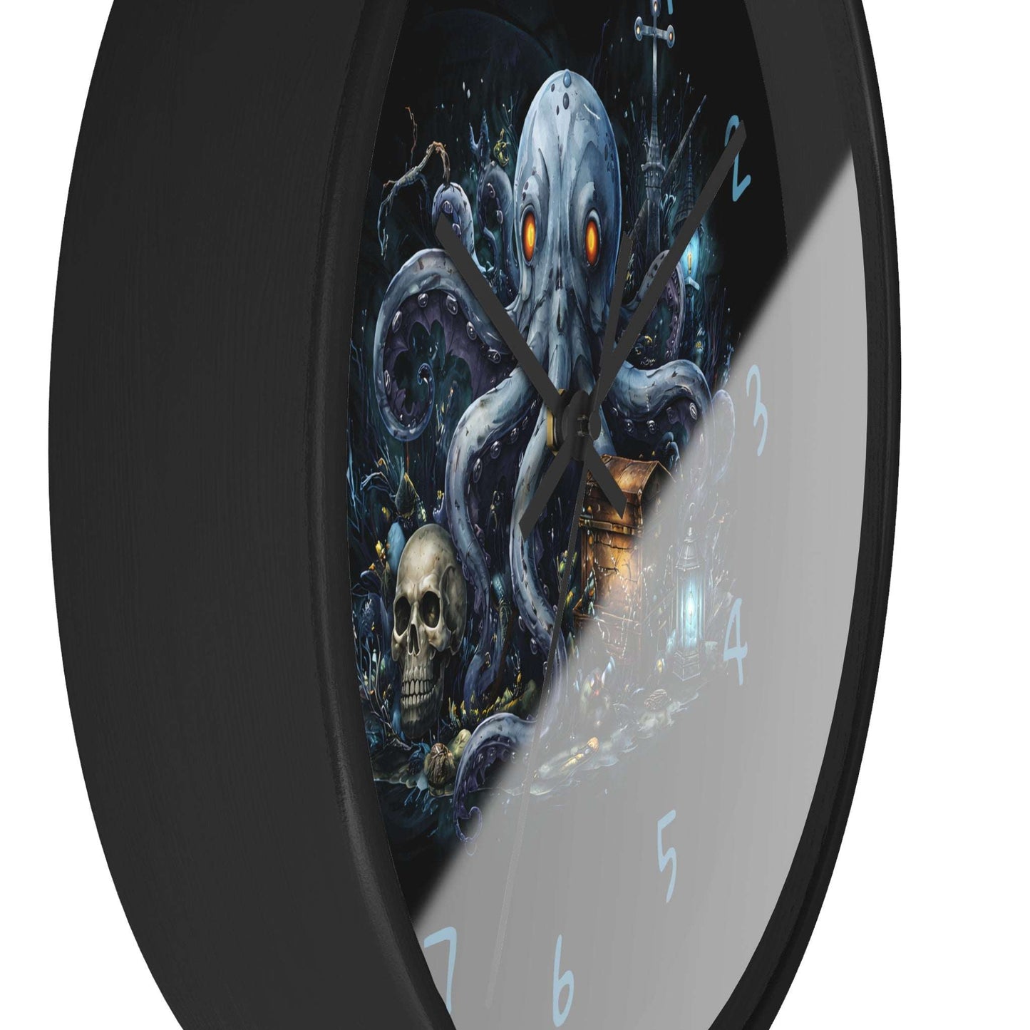 Wall clock with a dark, artistic design featuring an octopus and skull.