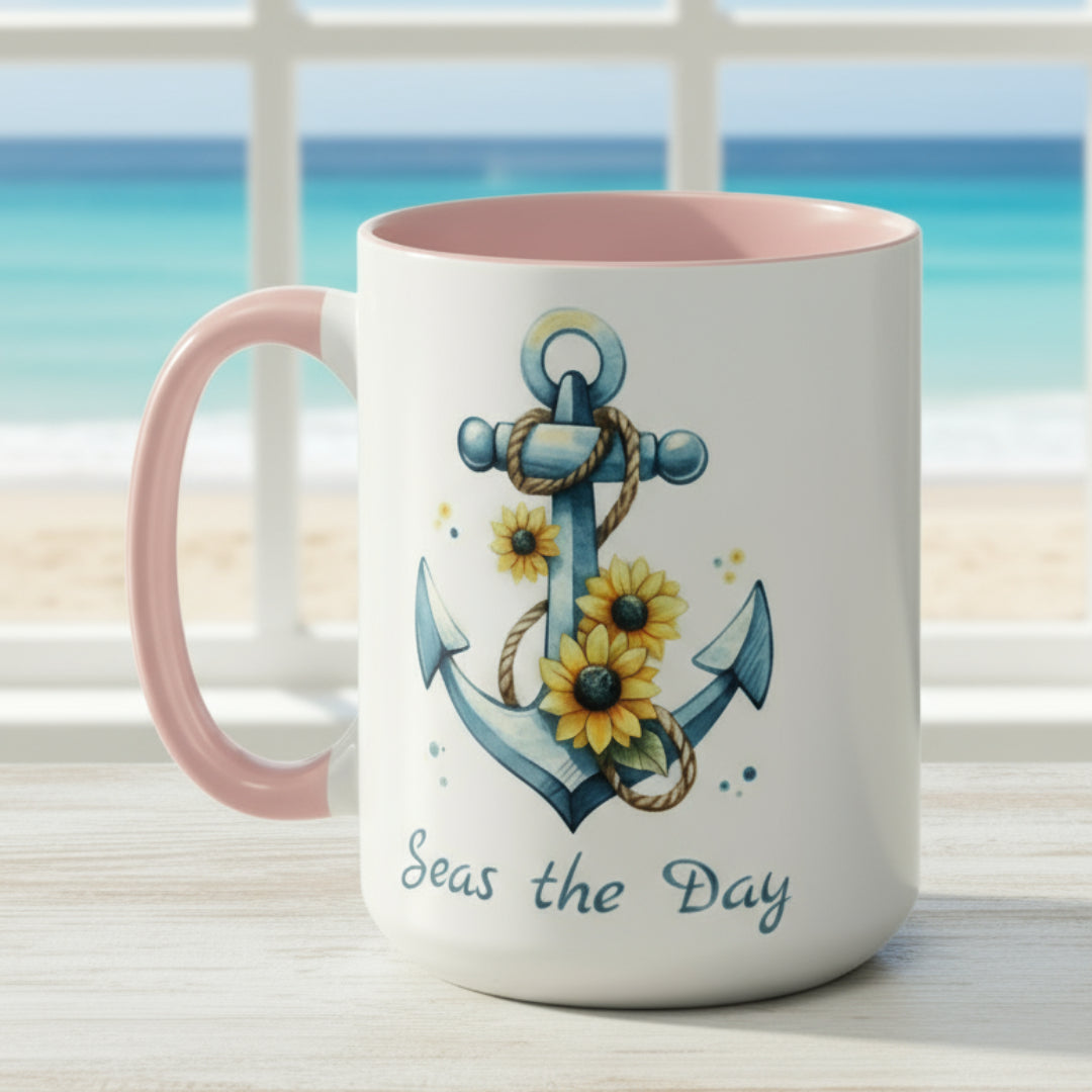 15 oz White mug with pink handle and interior with Anchor and Sunflowers with text Seas the Day