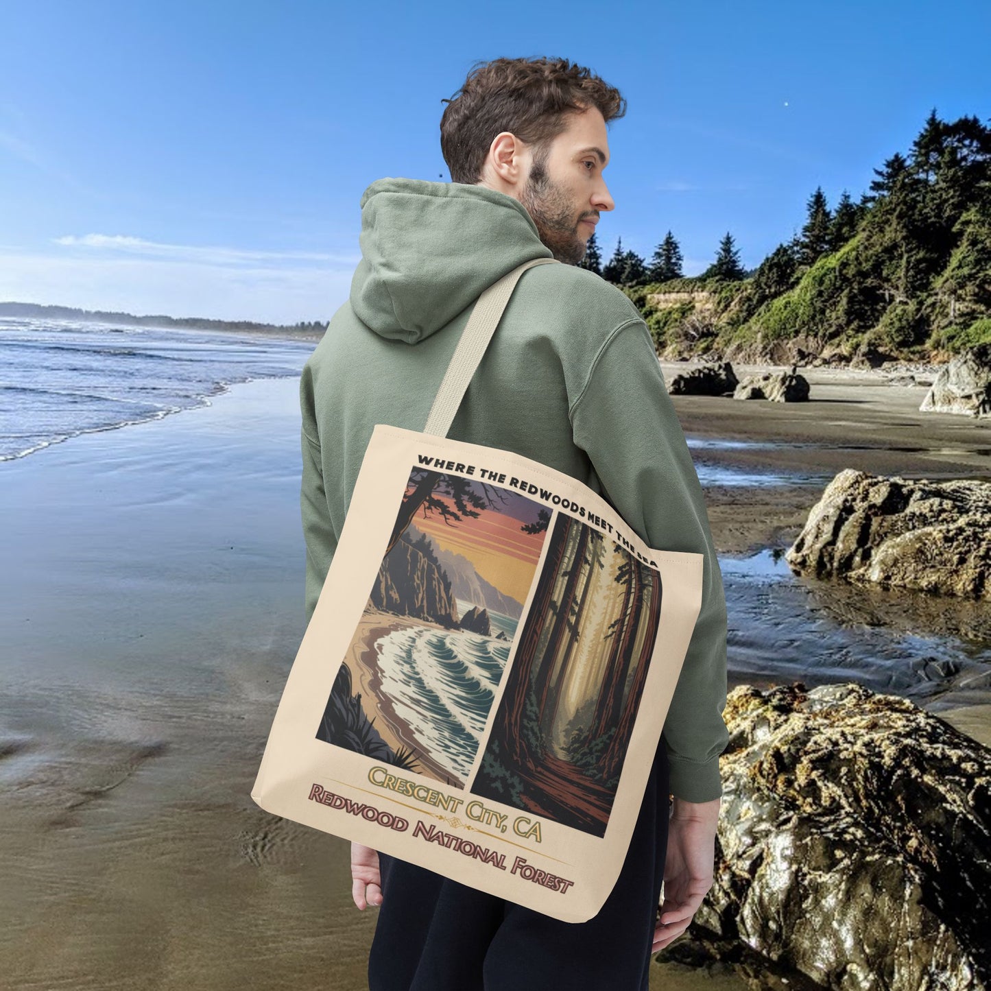 Beige 18" x 18" Tote bag with a double-panel design featuring the redwood forest and the Northern California coastline, with the text “Where the Redwoods Meet the Sea” and “Crescent City, CA Redwood National Forest” underneath.