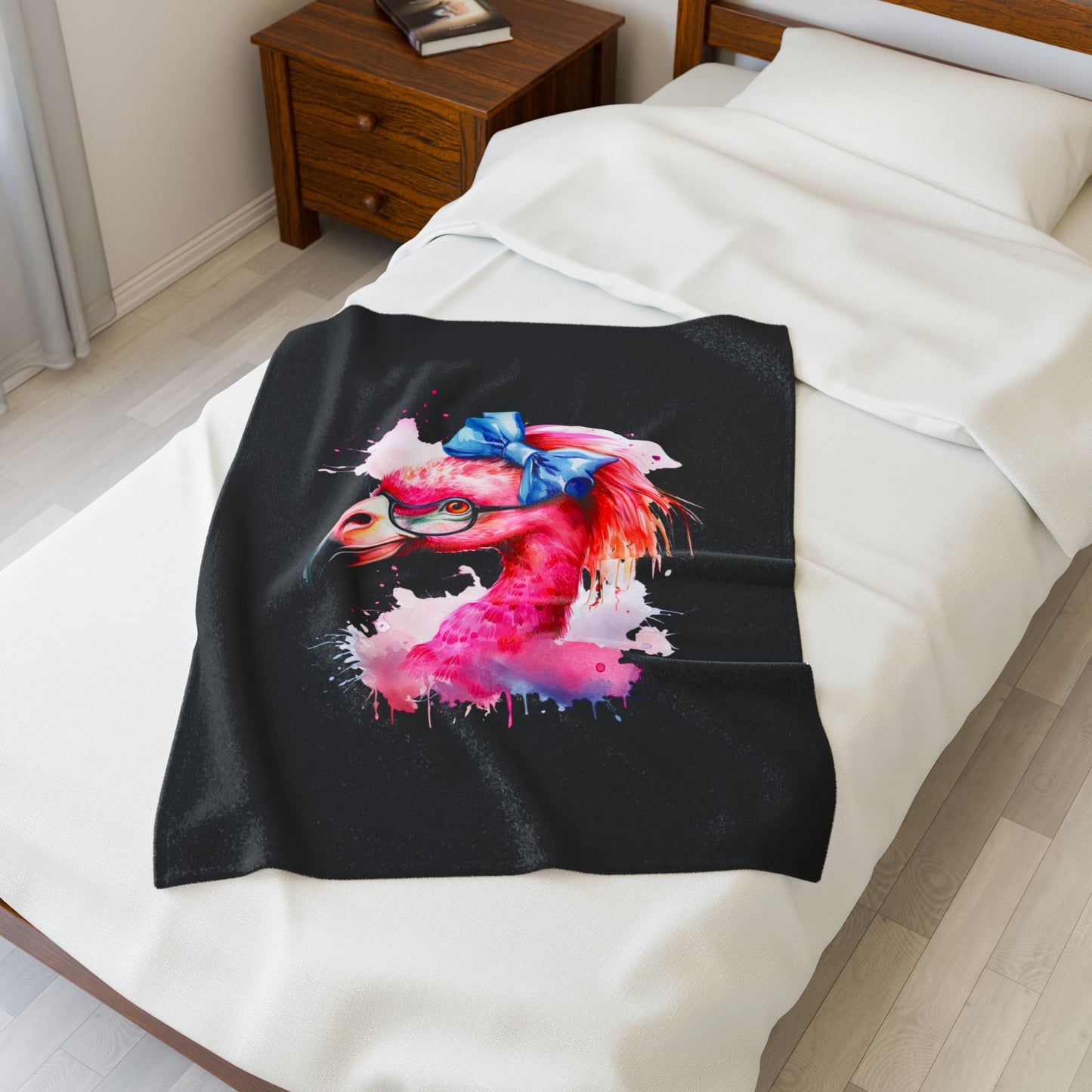 Glam Flamingo Plush Black 30 x 40 Blanket with watercolor flamingo head, glasses, and blue bow.