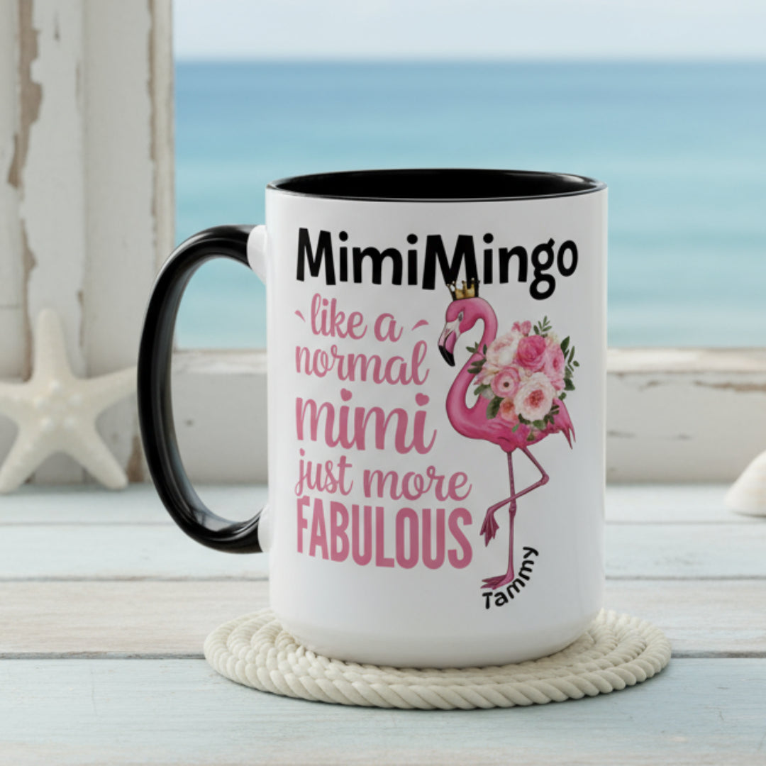 Mug with pink flamingo design and text on a white background