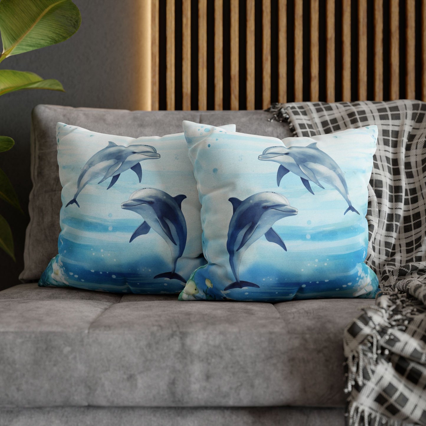 Two decorative pillow cover with a watercolor design of two dolphins in the water with flowers along the bottom edges showing the double-sided print.