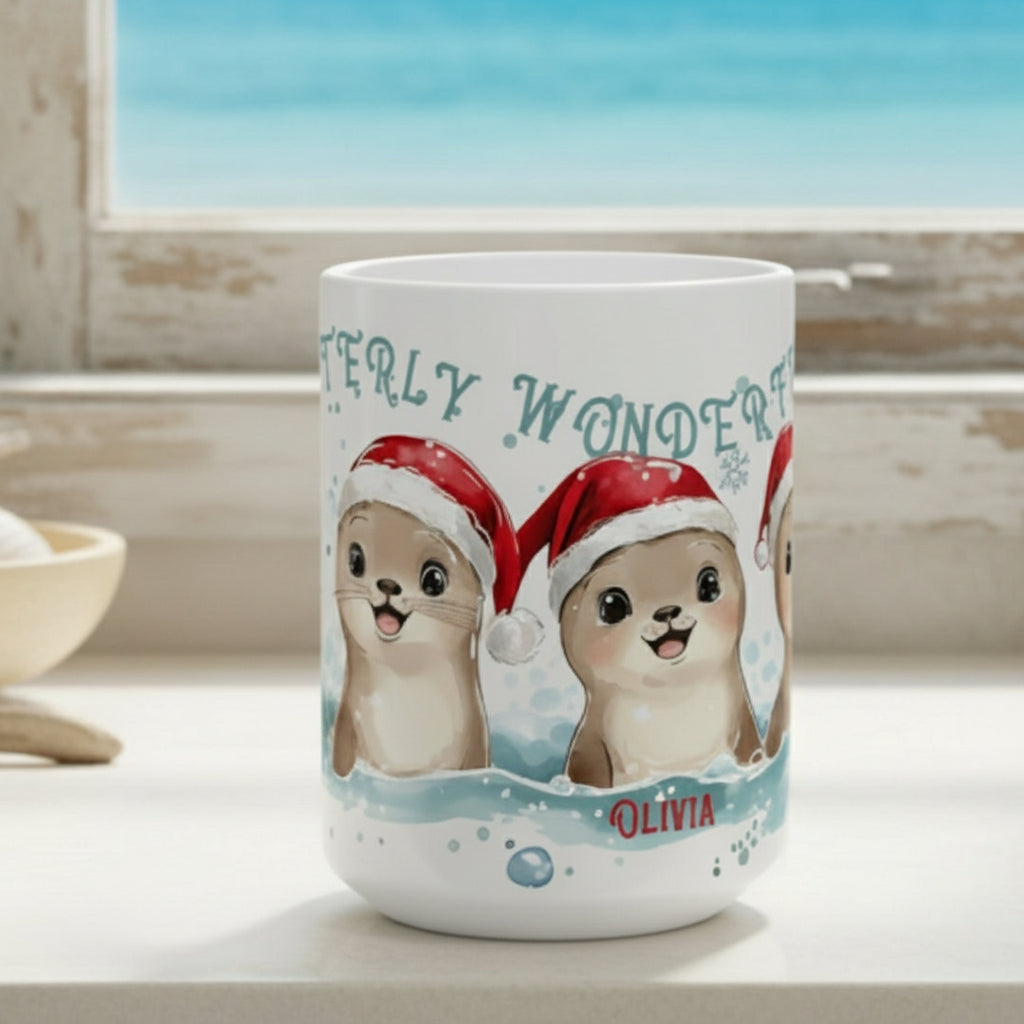 Mug with cartoon otters wearing Santa hats and the text 'Otterly Wonderful Olivia' on a white background.
