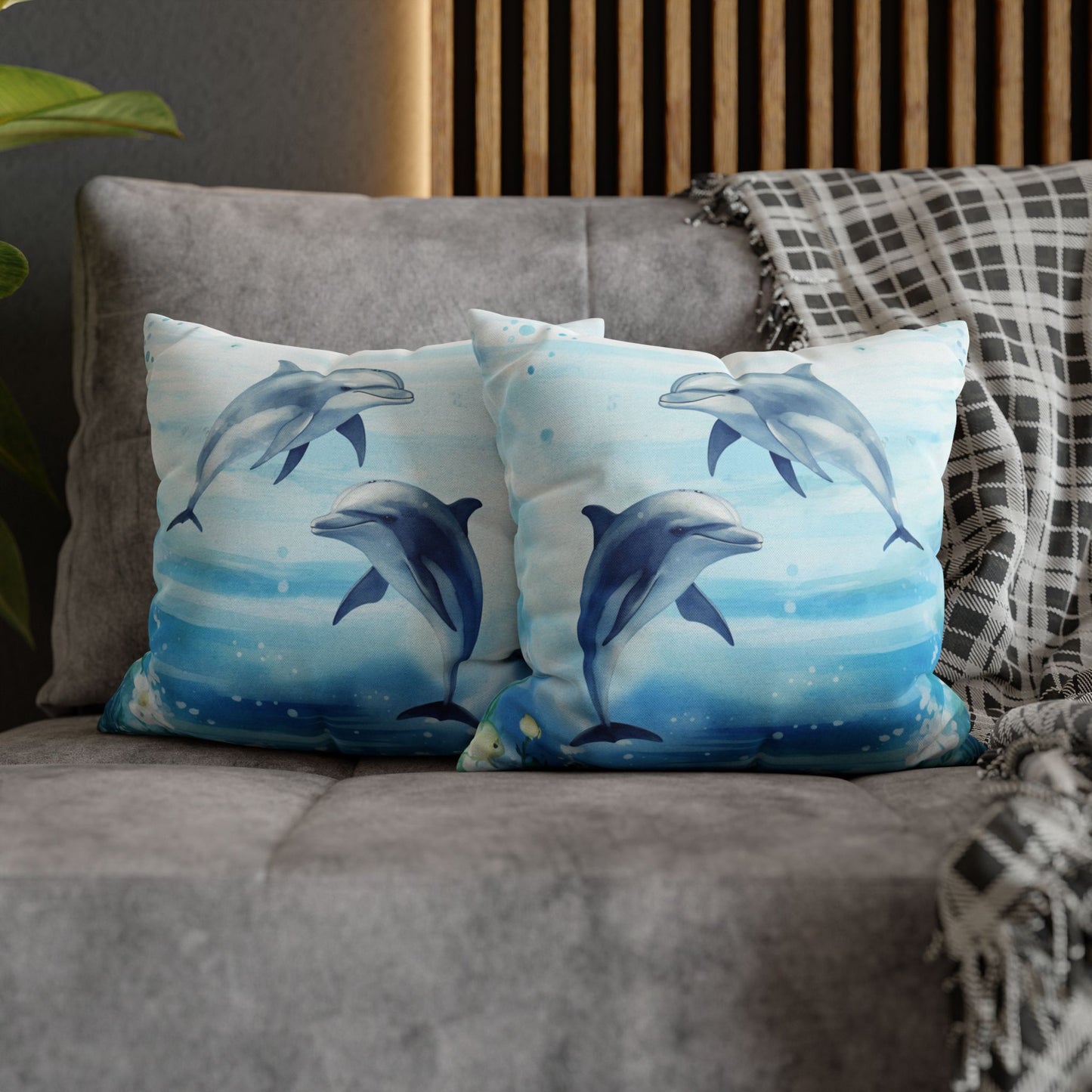 Two decorative pillow cover with a watercolor design of two dolphins in the water with flowers along the bottom edges showing the double-sided print.