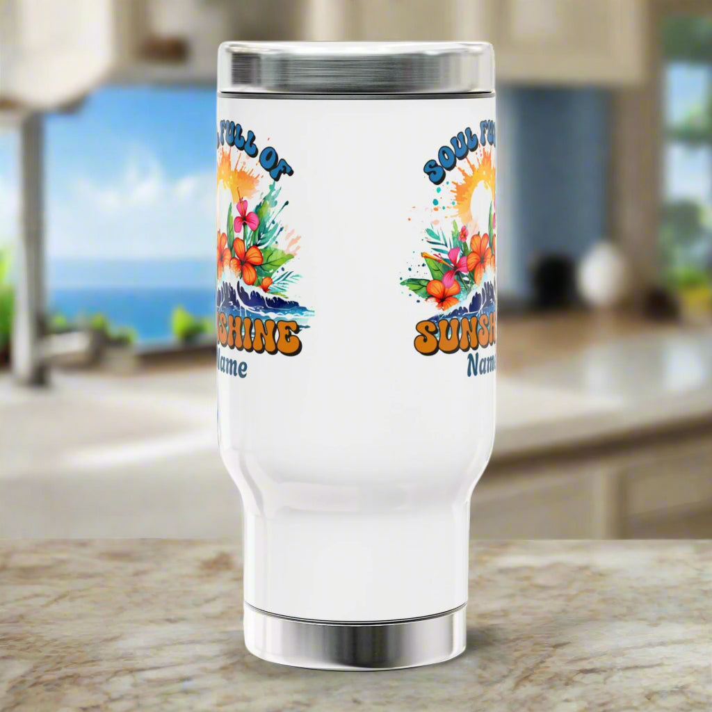 Personalized 14 oz. white stainless steel travel mug with handle designed with a beach sunset, ocean waves, hibiscus flowers, and “Soul Full of Sunshine” quote.
