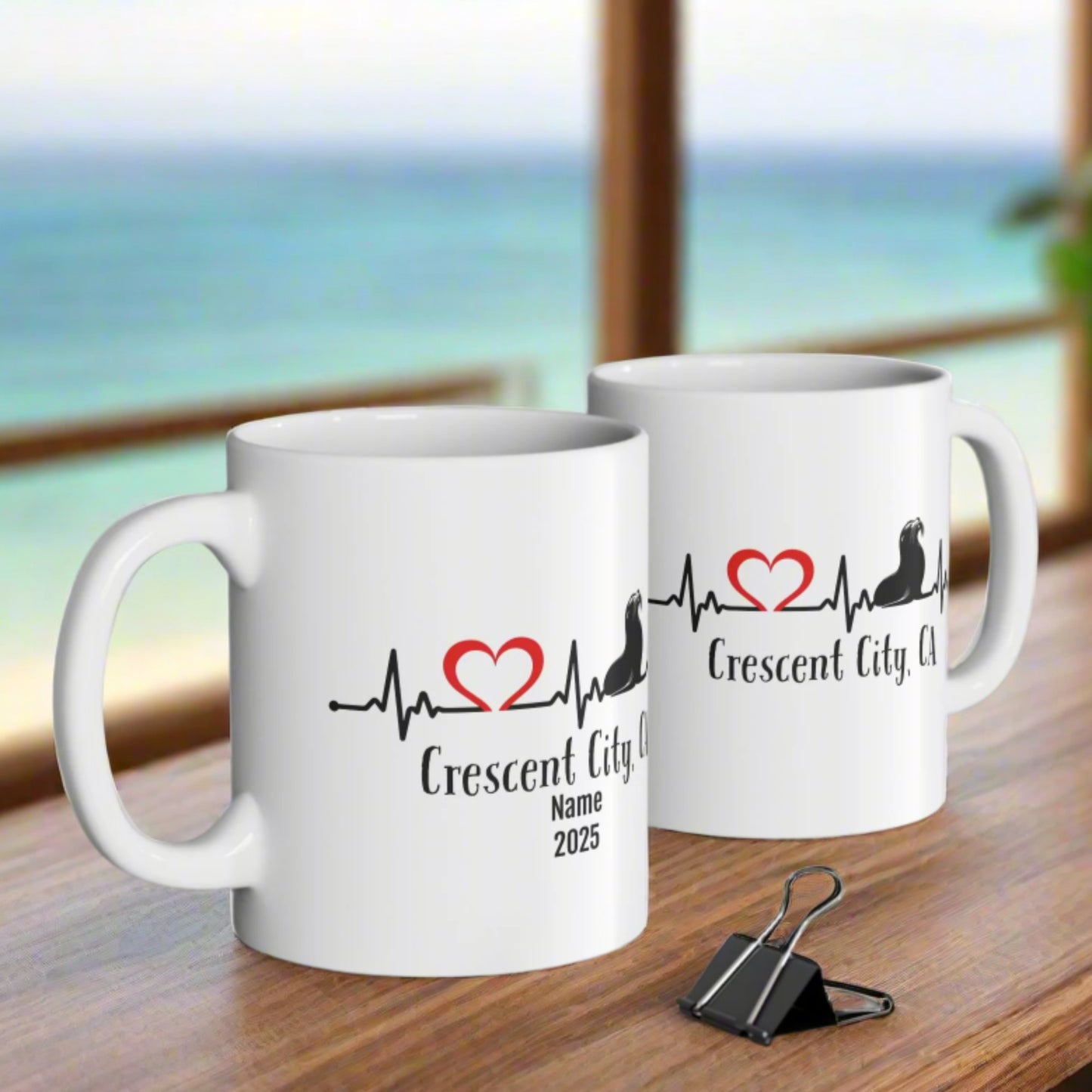 Two white mugs with personalized heartline design with seal and heart with Crescent City, CA.