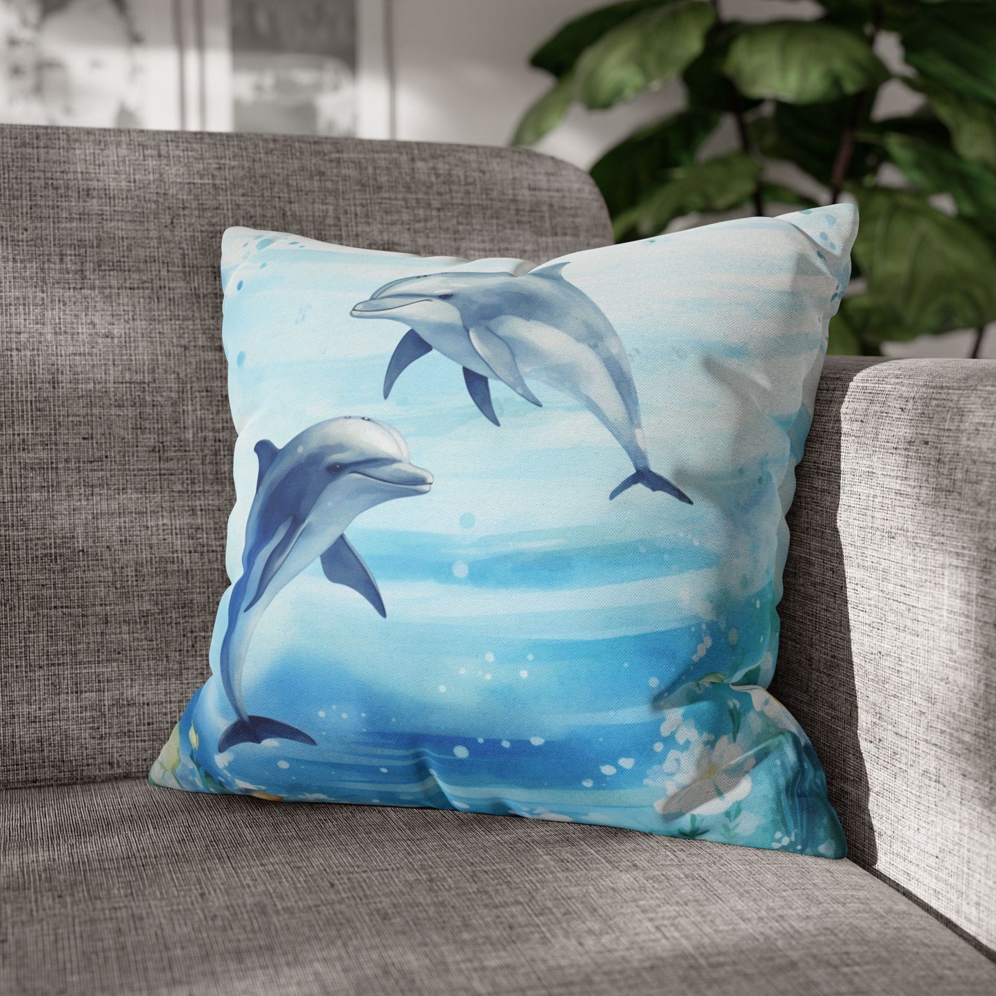 Pillow cover with a watercolor design of two dolphins in the water with flowers along the bottom edges.