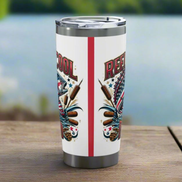 Side view of Reel Cool Dad 20 oz. tumbler with an American flag bass design, perfect for fishing enthusiasts and patriotic dads.