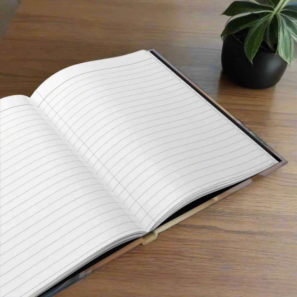 Open hardcover journal with 150 lined-page white lined paper perforated pages for easy removal.