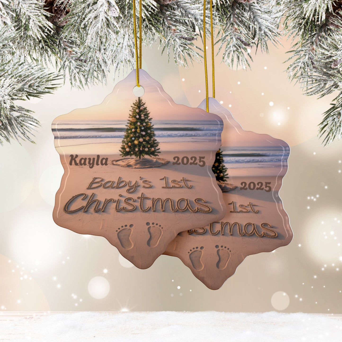 Star-shaped Christmas ornament with 'Baby's 1st Christmas 2025' text, tree, and footprints, hanging against a snowy background.