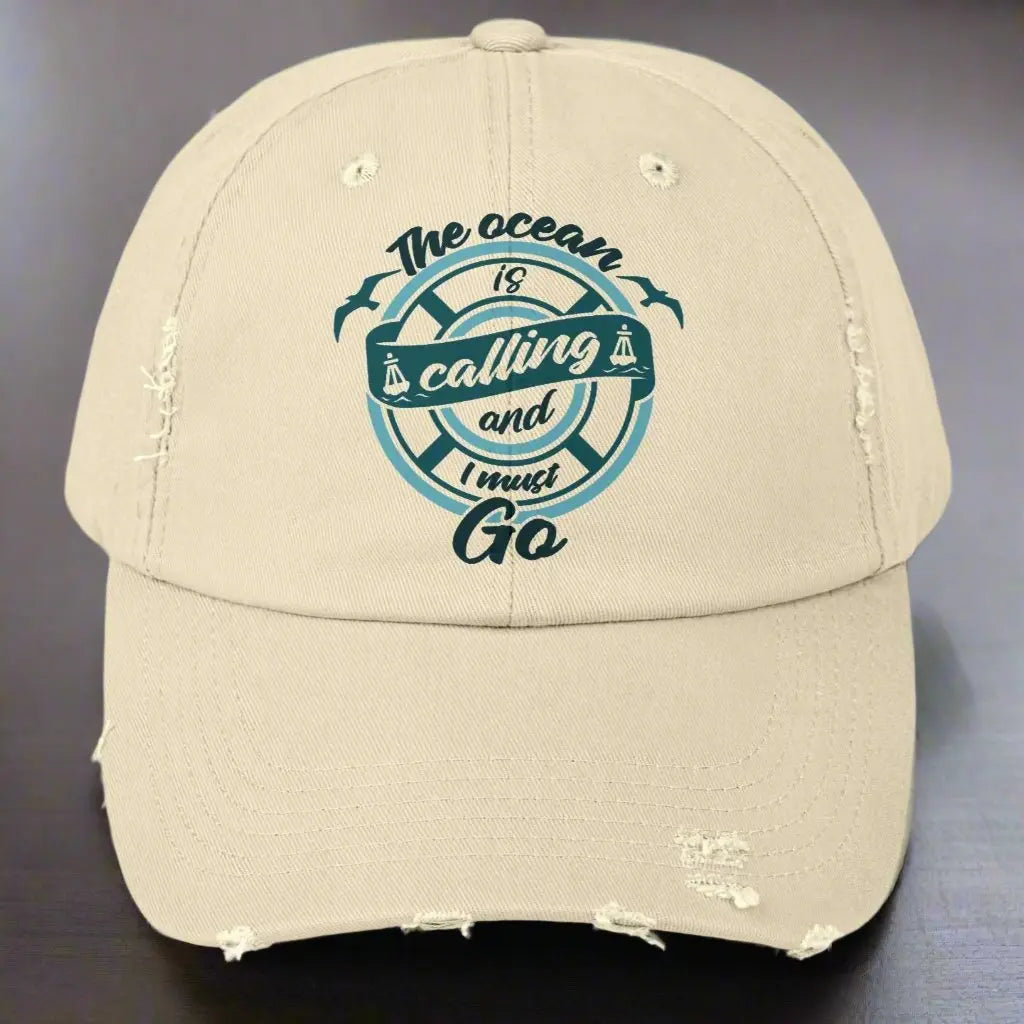The Ocean is Calling and I Must Go Distressed Cap Hats Stone Everythings Beachy