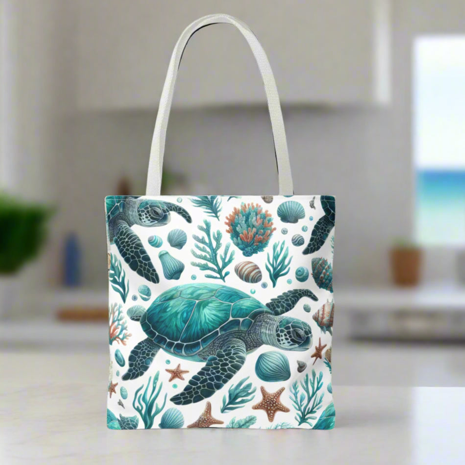 Tote bag with an all-over print of sea turtles and underwater life on a white background with white straps.
