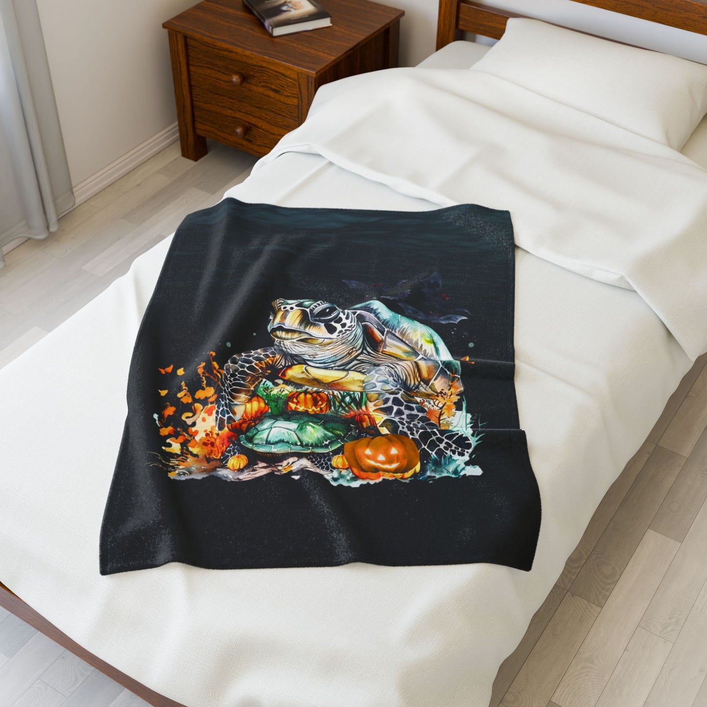 Sea Turtle Plush 30" x 40" Blanket with underwater plants and pumpkins on dark water background.