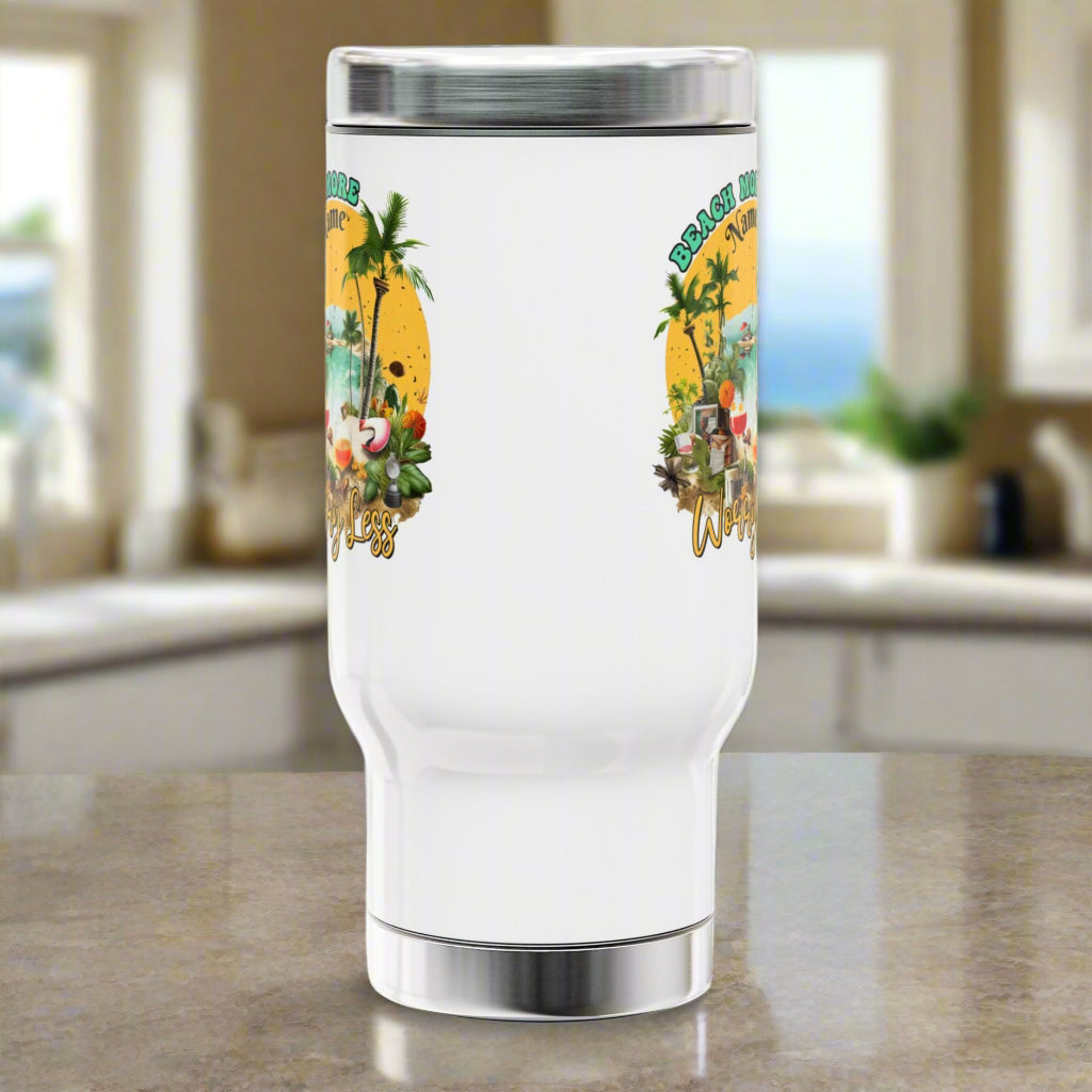 Tropical beach-themed white 14 oz. travel mug with palm trees, cocktails, sun, and the phrase “Beach More Worry Less”.