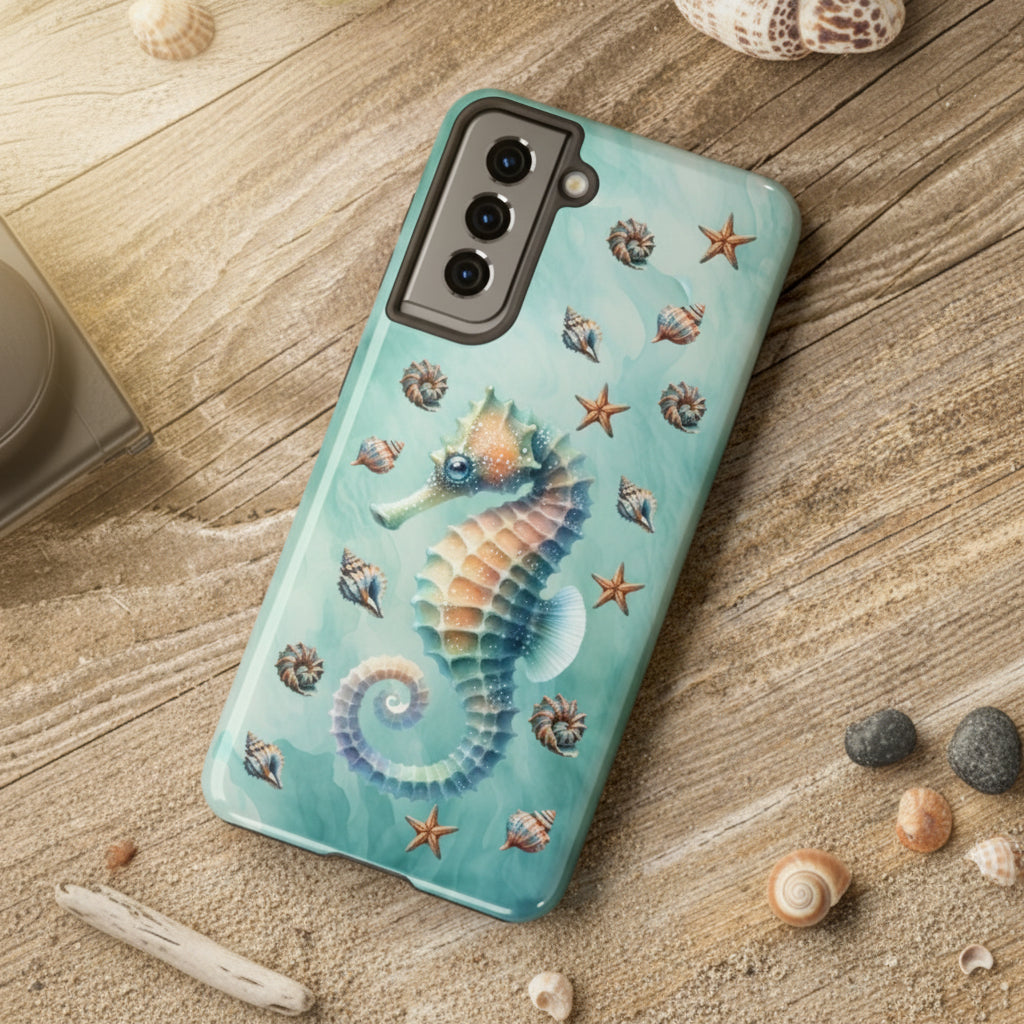 Phone case with seahorse design on a wooden surface